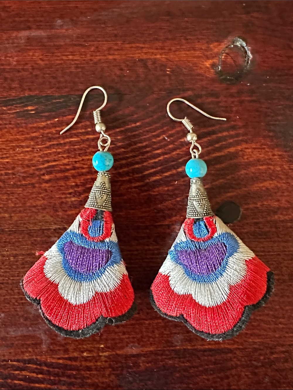 Fiesta Red & Blue Embroidered Drop Earrings